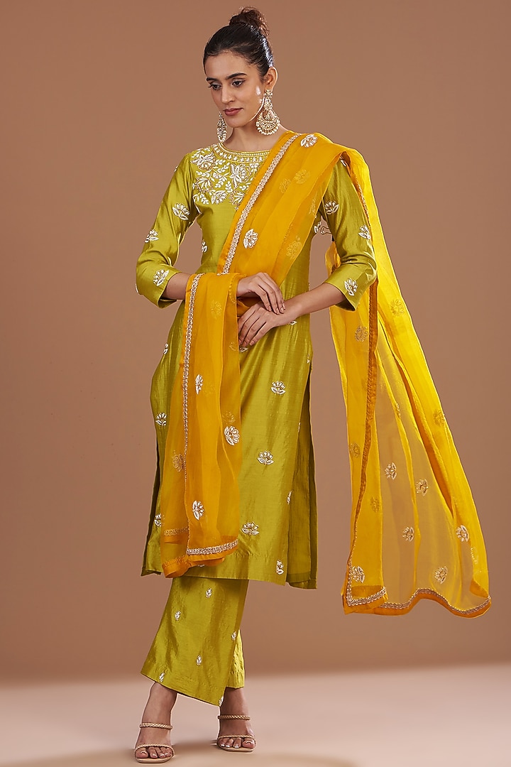 Lime Pure Spun Silk Dabka Embroidered Kurta Set by SURBHI SHAH at Pernia's Pop Up Shop