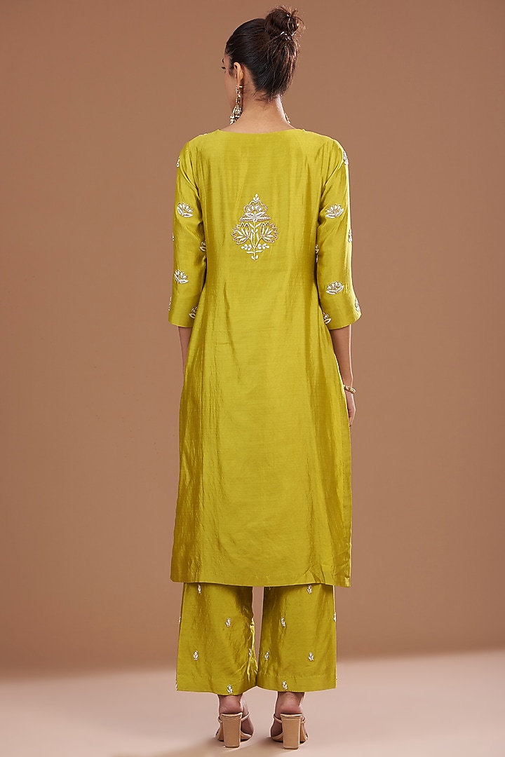 Lime Pure Spun Silk Dabka Embroidered Kurta Set by SURBHI SHAH at Pernia's Pop Up Shop
