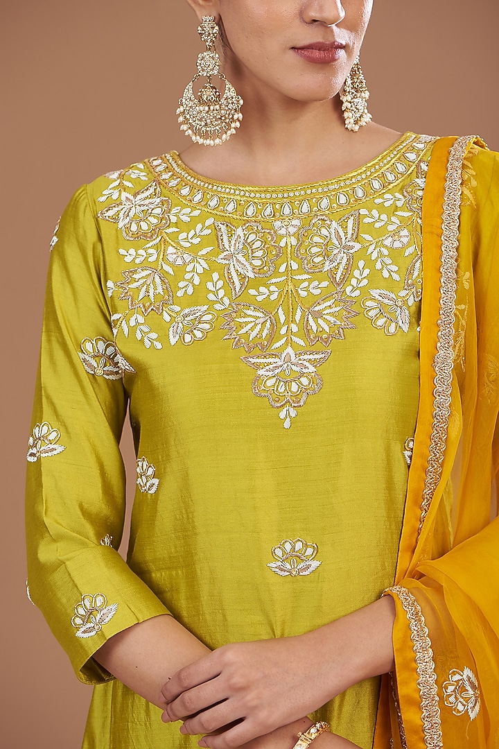 Lime Pure Spun Silk Dabka Embroidered Kurta Set by SURBHI SHAH at Pernia's Pop Up Shop