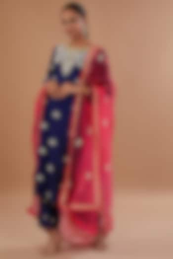 Navy Blue Pure Spun Silk Dabka Embroidered Kurta Set by SURBHI SHAH at Pernia's Pop Up Shop