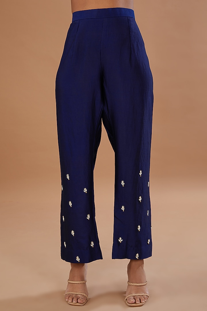 Navy Blue Pure Spun Silk Dabka Embroidered Kurta Set by SURBHI SHAH at Pernia's Pop Up Shop