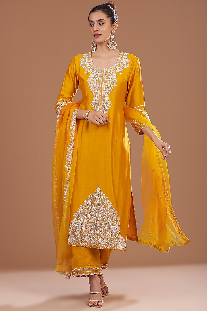Mustard Pure Spun Silk Zardosi Marori Embroidered Kurta Set by SURBHI SHAH at Pernia's Pop Up Shop