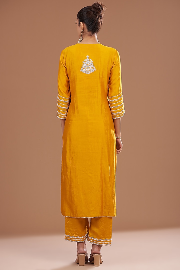 Mustard Pure Spun Silk Zardosi Marori Embroidered Kurta Set by SURBHI SHAH at Pernia's Pop Up Shop