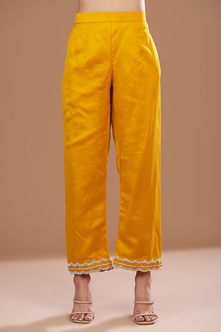 Mustard Pure Spun Silk Zardosi Marori Embroidered Kurta Set by SURBHI SHAH at Pernia's Pop Up Shop