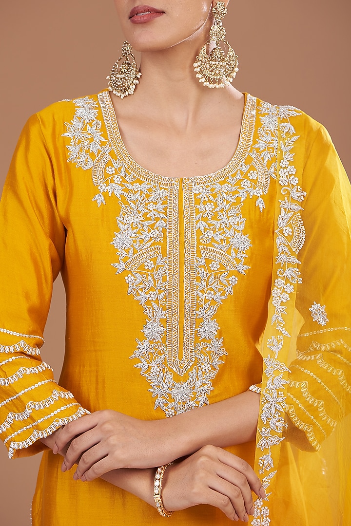 Mustard Pure Spun Silk Zardosi Marori Embroidered Kurta Set by SURBHI SHAH at Pernia's Pop Up Shop