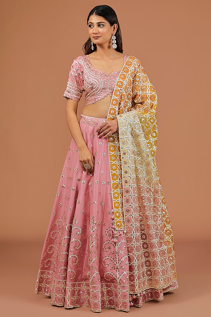 Powder Pink Silk Resham Embroidered Bridal Lehenga Set by SURBHI SHAH at Pernia's Pop Up Shop