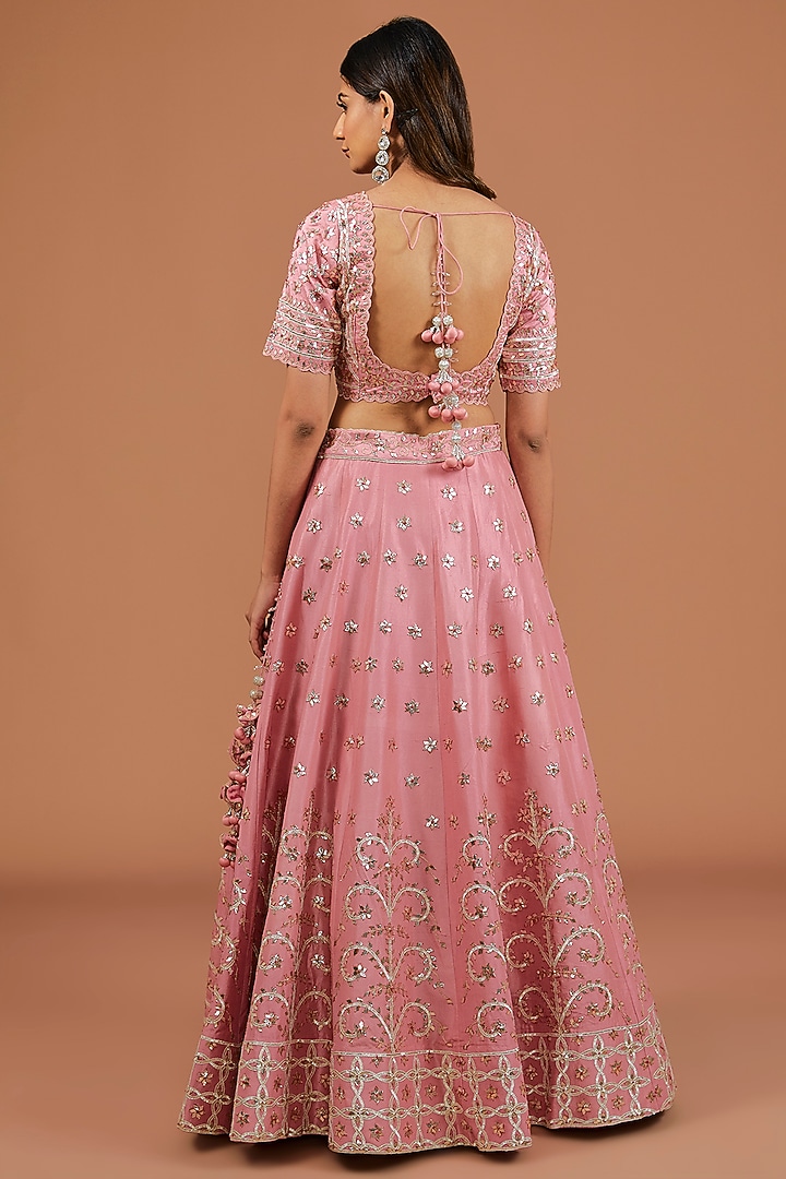 Powder Pink Silk Resham Embroidered Bridal Lehenga Set by SURBHI SHAH at Pernia's Pop Up Shop