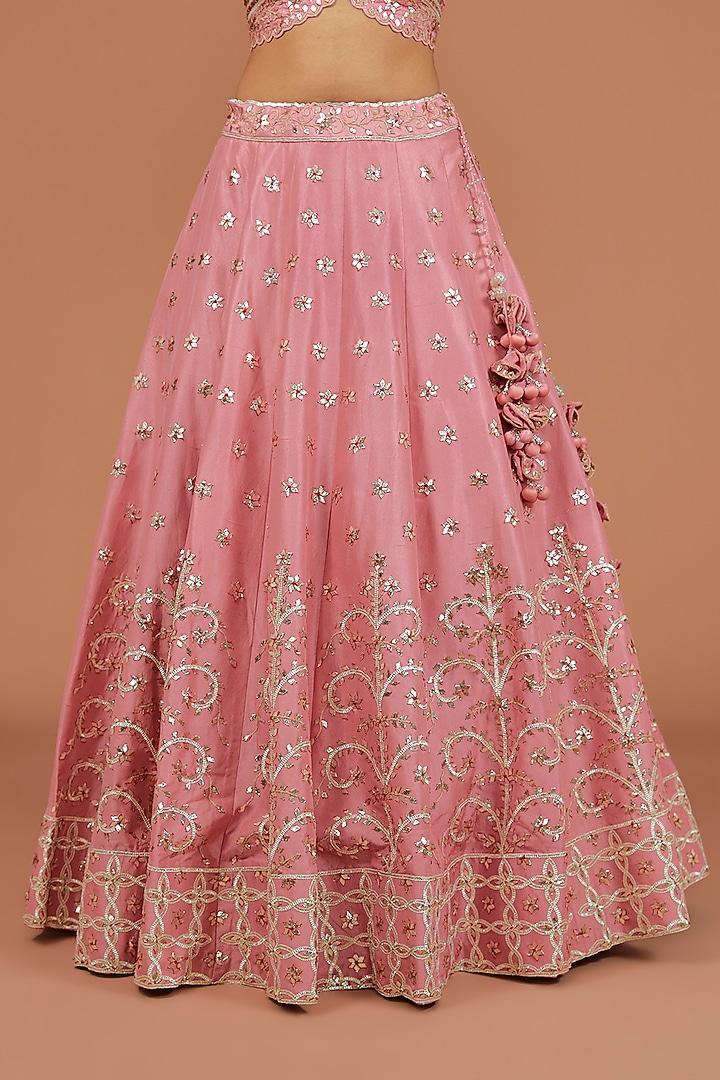 Powder Pink Silk Resham Embroidered Bridal Lehenga Set by SURBHI SHAH at Pernia's Pop Up Shop