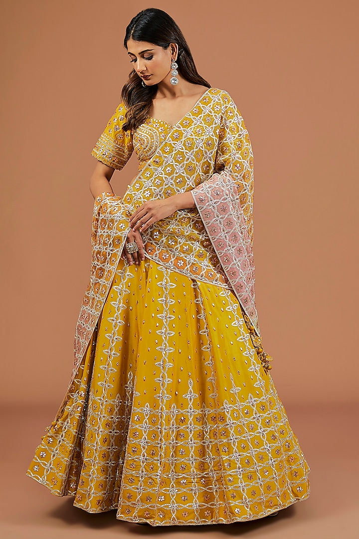 Mustard Yellow Silk Resham Embroidered Bridal Lehenga Set by SURBHI SHAH at Pernia's Pop Up Shop