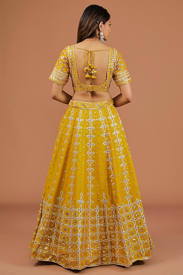 Mustard Yellow Silk Resham Embroidered Bridal Lehenga Set by SURBHI SHAH at Pernia's Pop Up Shop