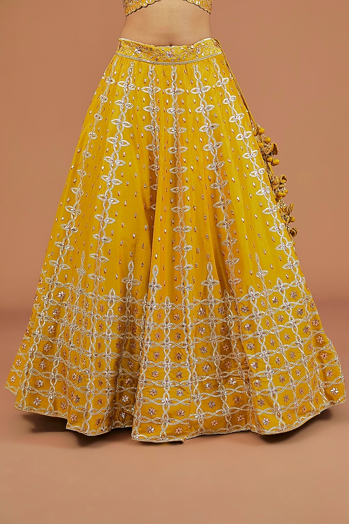 Mustard Yellow Silk Resham Embroidered Bridal Lehenga Set by SURBHI SHAH at Pernia's Pop Up Shop