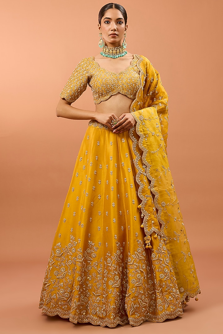 Orchid Yellow Silk Cutdana & Pearl Work Bridal lehenga for 22 Lehenga Set by SURBHI SHAH at Pernia's Pop Up Shop