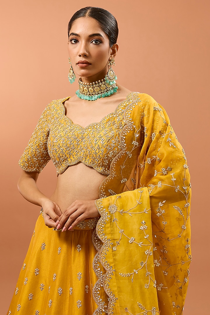 Orchid Yellow Silk Cutdana & Pearl Work Bridal Lehenga Set by SURBHI SHAH at Pernia's Pop Up Shop