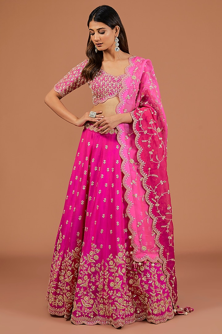 Hot Pink Silk Zardosi Embroidered Bridal Lehenga Set by SURBHI SHAH at Pernia's Pop Up Shop