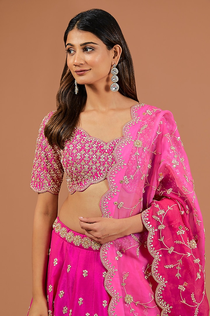 Hot Pink Silk Zardosi Embroidered Bridal Lehenga Set by SURBHI SHAH at Pernia's Pop Up Shop