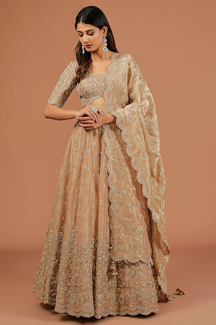 Golden Tissue Zardosi Embroidered Bridal Lehenga Set  by SURBHI SHAH at Pernia's Pop Up Shop