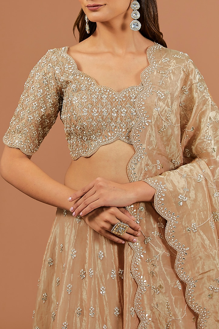 Golden Tissue Zardosi Embroidered Bridal Lehenga Set  by SURBHI SHAH at Pernia's Pop Up Shop