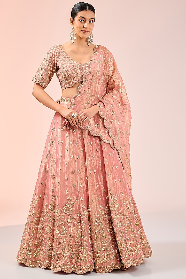 Pink Pure Tissue Pearl Work Bridal Lehenga Set by SURBHI SHAH at Pernia's Pop Up Shop