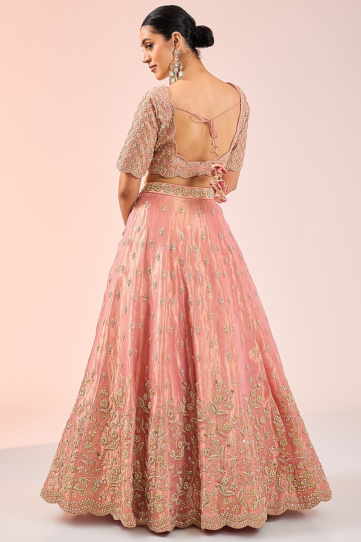 Pink Pure Tissue Pearl Work Bridal Lehenga Set by SURBHI SHAH at Pernia's Pop Up Shop