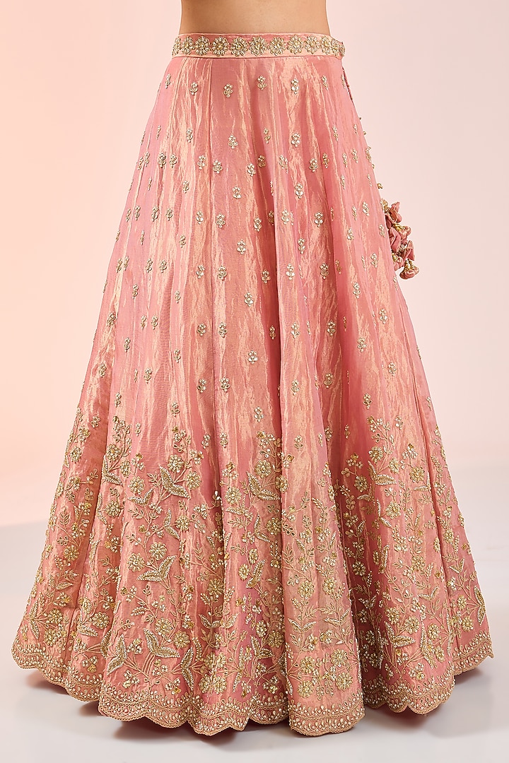 Pink Pure Tissue Pearl Work Bridal Lehenga Set by SURBHI SHAH at Pernia's Pop Up Shop