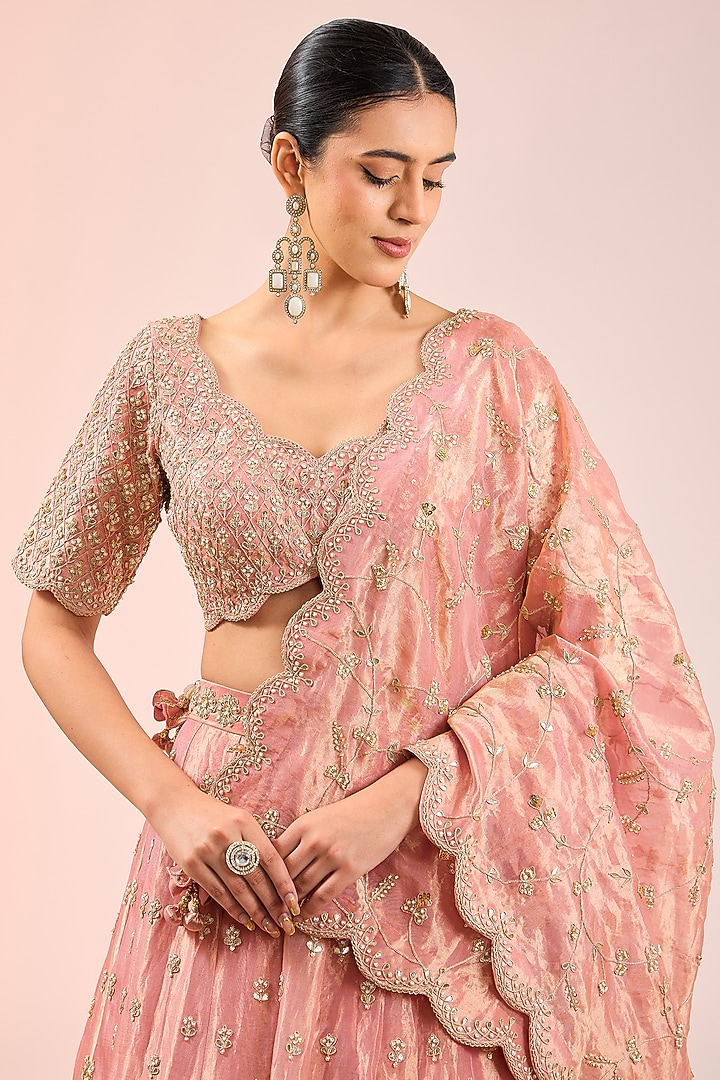 Pink Pure Tissue Pearl Work Bridal Lehenga Set by SURBHI SHAH at Pernia's Pop Up Shop