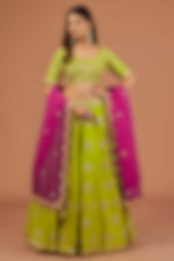 Parrot Green Silk Zardosi Embroidered Wedding Lehenga Set by SURBHI SHAH at Pernia's Pop Up Shop