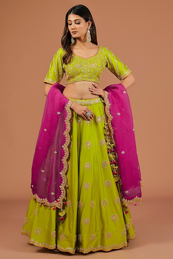 Parrot Green Silk Zardosi Embroidered Wedding Lehenga Set by SURBHI SHAH at Pernia's Pop Up Shop