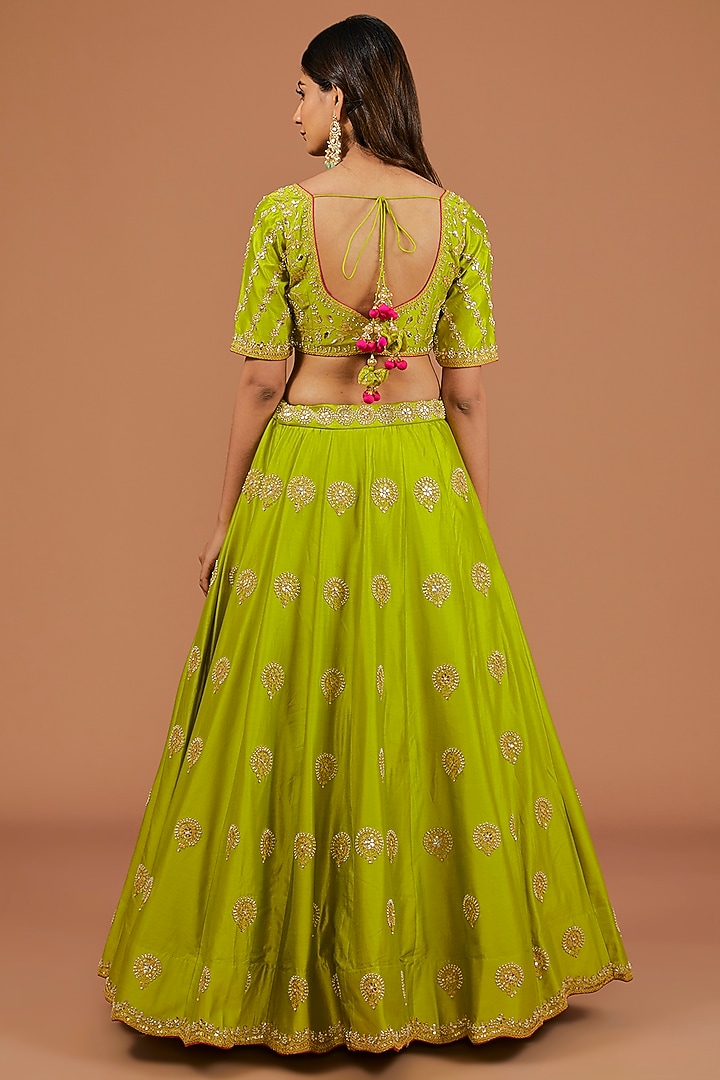 Parrot Green Silk Zardosi Embroidered Wedding Lehenga Set by SURBHI SHAH at Pernia's Pop Up Shop