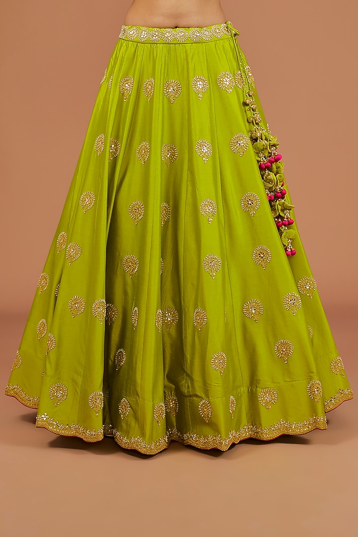 Parrot Green Silk Zardosi Embroidered Wedding Lehenga Set by SURBHI SHAH at Pernia's Pop Up Shop