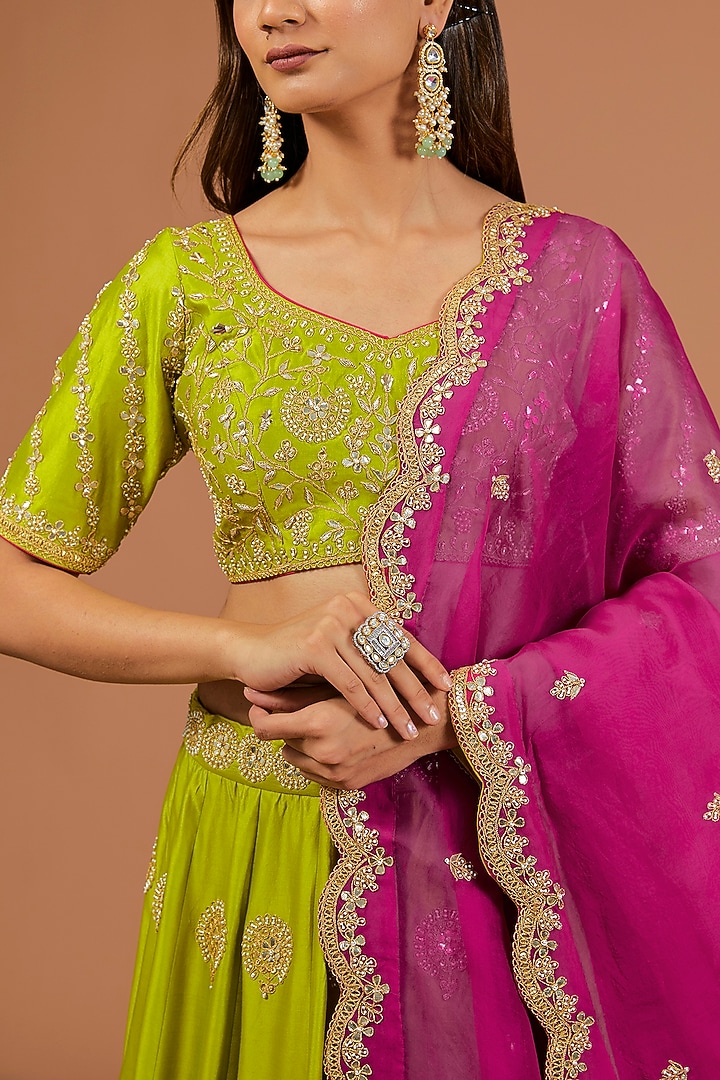 Parrot Green Silk Zardosi Embroidered Wedding Lehenga Set by SURBHI SHAH at Pernia's Pop Up Shop