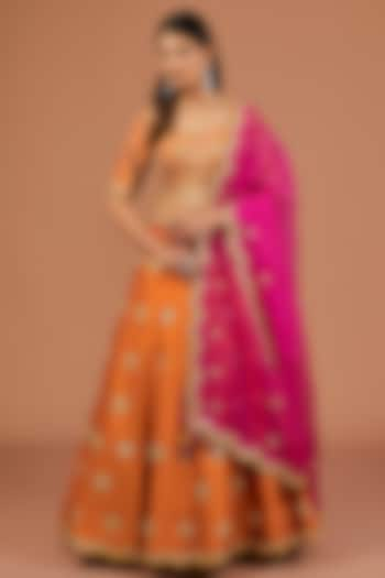 Orange Silk Zardosi Embroidered Wedding Lehenga Set by SURBHI SHAH at Pernia's Pop Up Shop