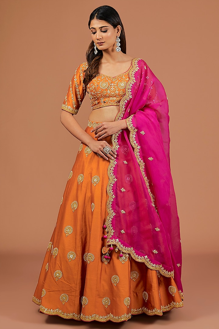 Orange Silk Zardosi Embroidered Wedding Lehenga Set by SURBHI SHAH at Pernia's Pop Up Shop