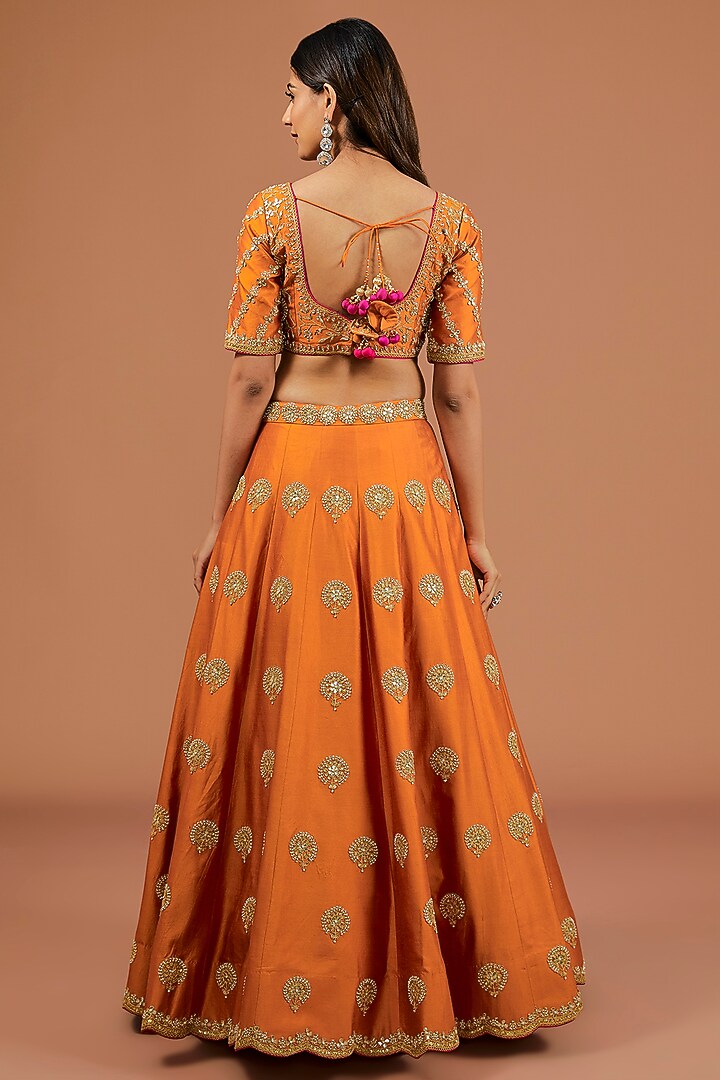 Orange Silk Zardosi Embroidered Wedding Lehenga Set by SURBHI SHAH at Pernia's Pop Up Shop