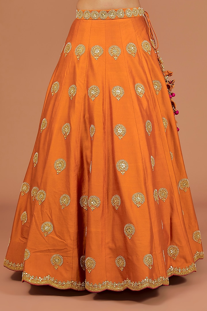 Orange Silk Zardosi Embroidered Wedding Lehenga Set by SURBHI SHAH at Pernia's Pop Up Shop