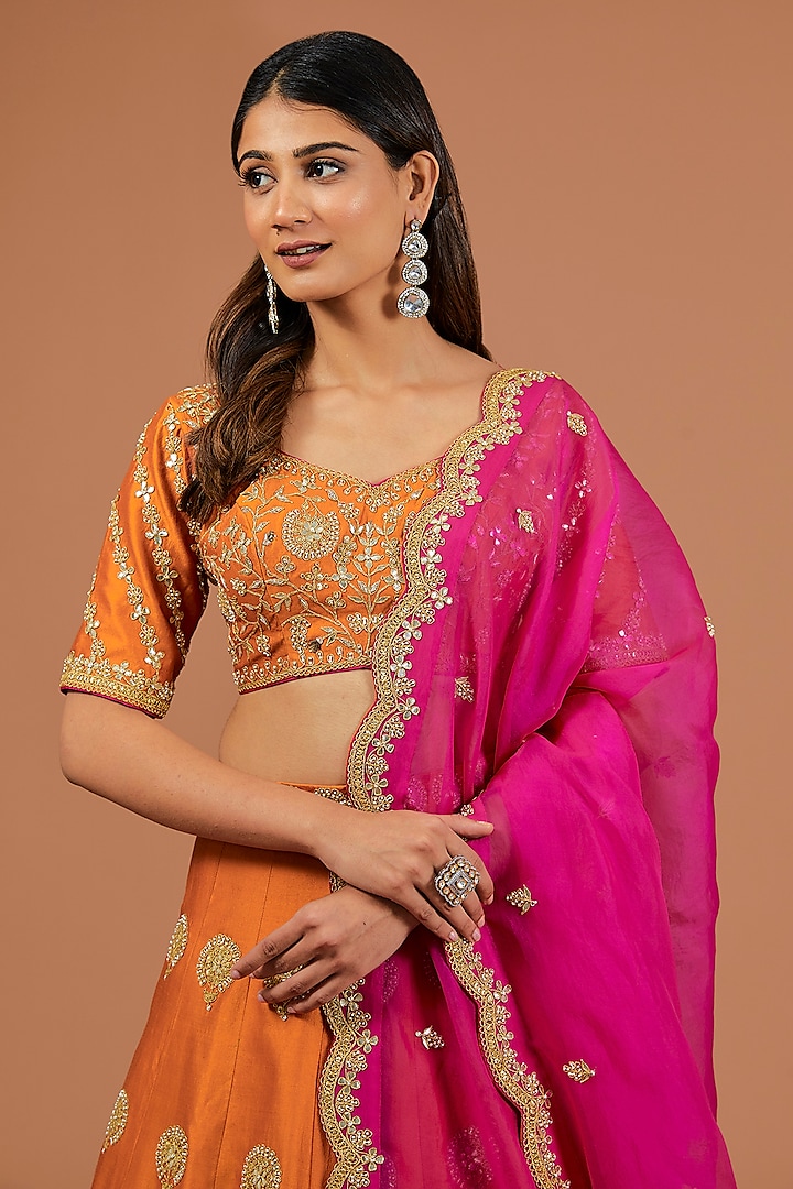 Orange Silk Zardosi Embroidered Wedding Lehenga Set by SURBHI SHAH at Pernia's Pop Up Shop