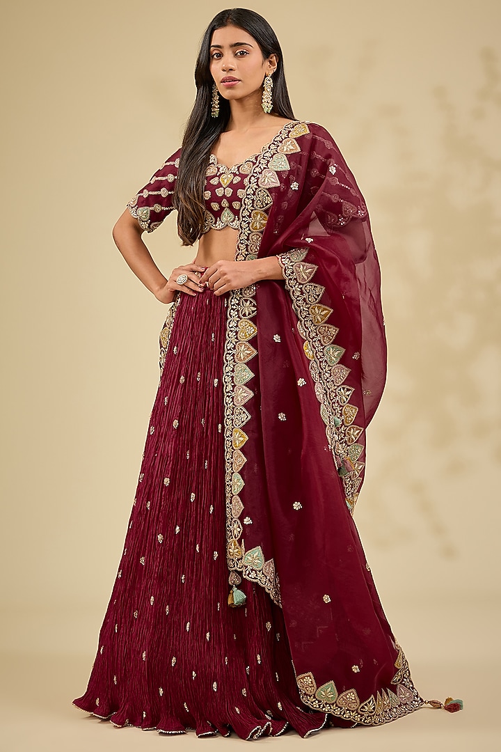 Maroon Kora Silk Crushed Wedding Lehenga Set by Surbhi Shah at Pernia's Pop Up Shop