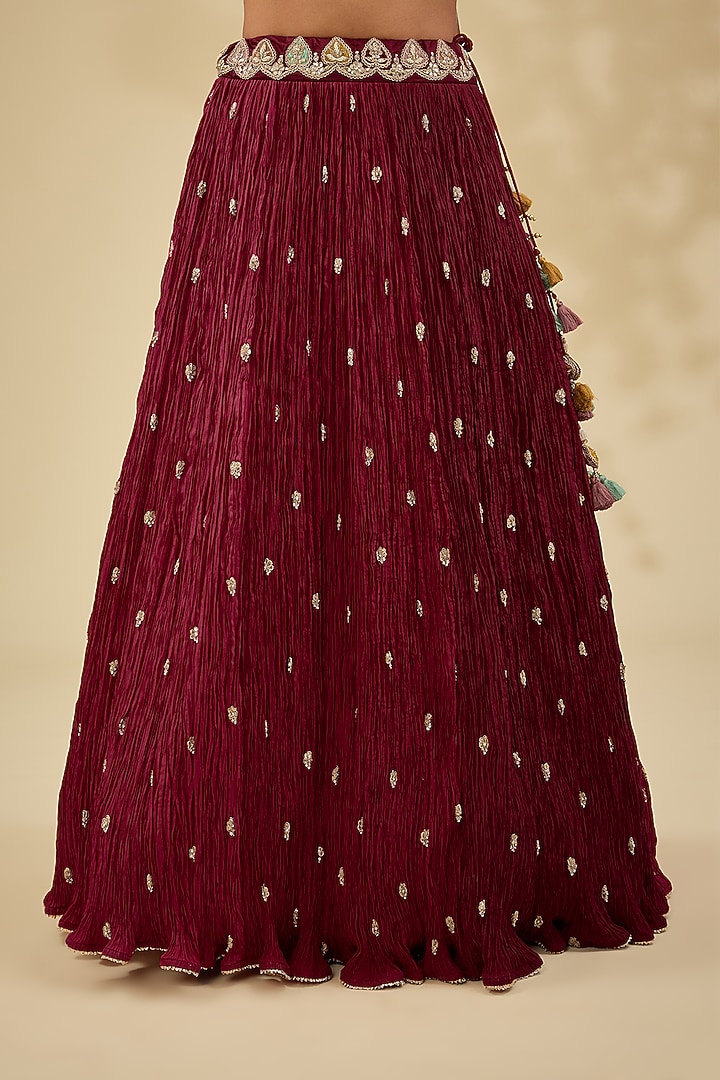 Maroon Kora Silk Crushed Wedding Lehenga Set by Surbhi Shah at Pernia's Pop Up Shop