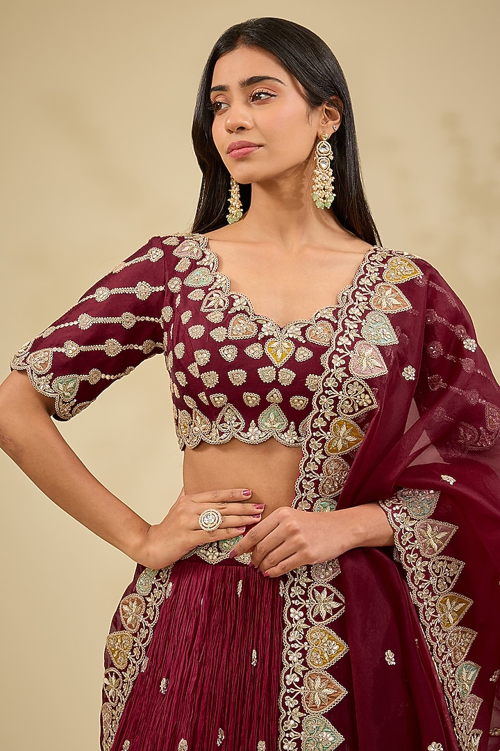 Maroon Kora Silk Crushed Wedding Lehenga Set by Surbhi Shah at Pernia's Pop Up Shop