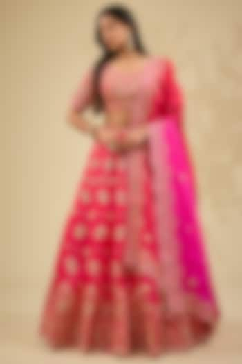 Red Satin Organza Wedding Lehenga Set by Surbhi Shah at Pernia's Pop Up Shop