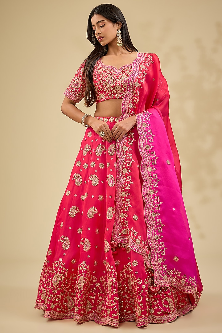 Red Satin Organza Wedding Lehenga Set by Surbhi Shah at Pernia's Pop Up Shop