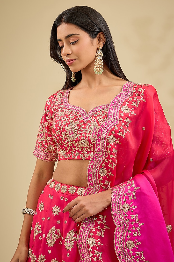 Red Satin Organza Bridal Lehenga Set by Surbhi Shah at Pernia's Pop Up Shop