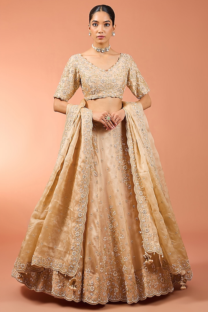 Champagne Pure Satin Organza Pearl Work Bridal Lehenga Set by SURBHI SHAH at Pernia's Pop Up Shop