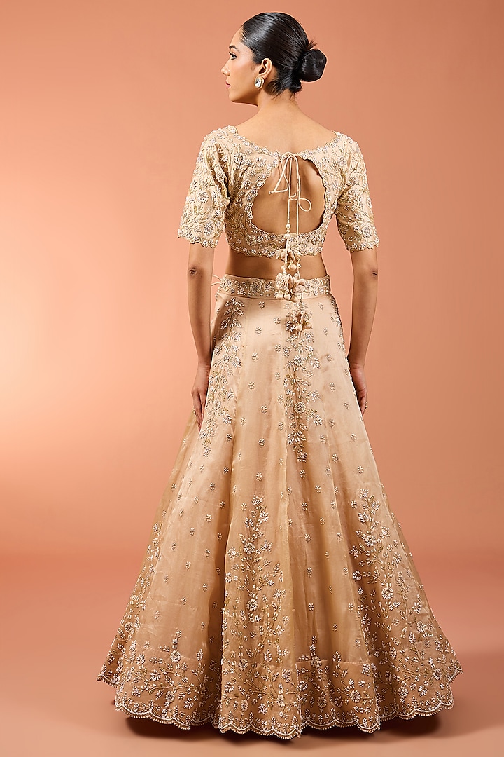 Champagne Pure Satin Organza Pearl Work Bridal Lehenga Set by SURBHI SHAH at Pernia's Pop Up Shop