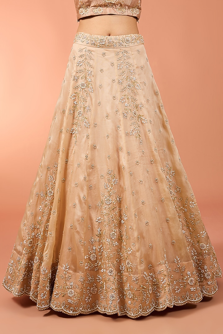 Champagne Pure Satin Organza Pearl Work Bridal Lehenga Set by SURBHI SHAH at Pernia's Pop Up Shop