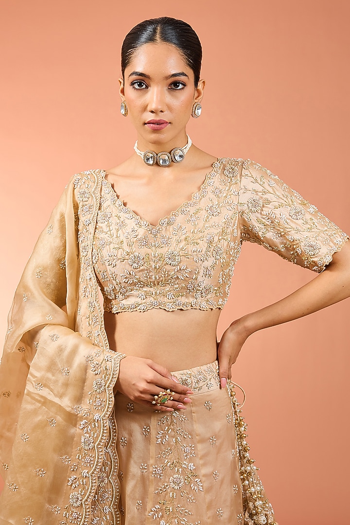 Champagne Pure Satin Organza Pearl Work Bridal Lehenga Set by SURBHI SHAH at Pernia's Pop Up Shop