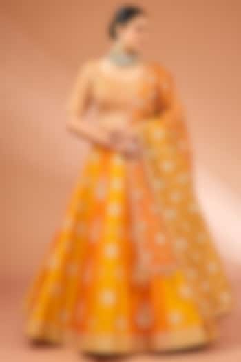 Mango Yellow Dupion Silk Danka Marori Work Lehenga Set by SURBHI SHAH at Pernia's Pop Up Shop