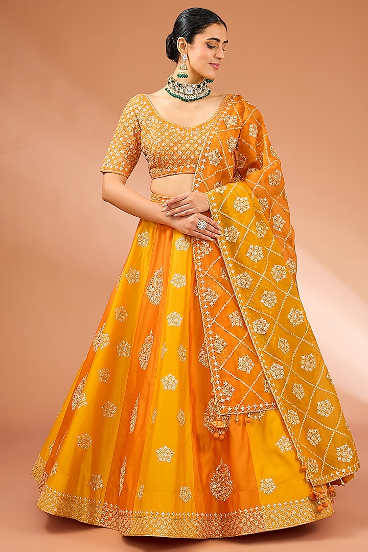Mango Yellow Dupion Silk Danka Marori Work Lehenga Set by SURBHI SHAH at Pernia's Pop Up Shop