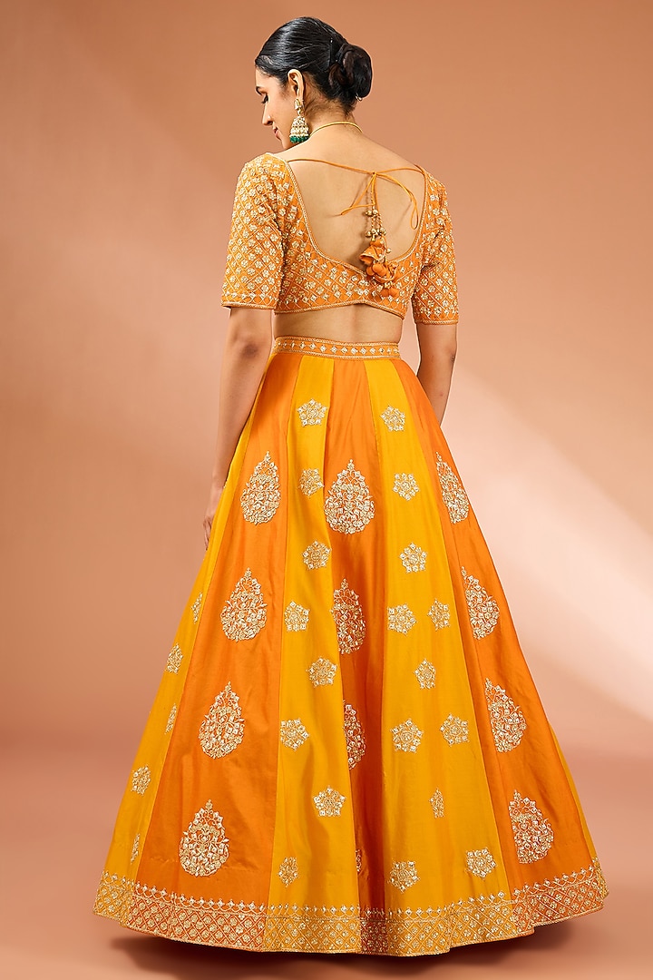 Mango Yellow Dupion Silk Danka Marori Work Lehenga Set by SURBHI SHAH at Pernia's Pop Up Shop