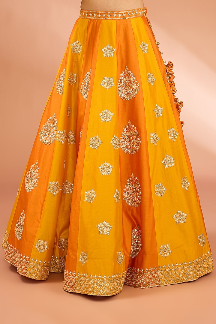 Mango Yellow Dupion Silk Danka Marori Work Lehenga Set by SURBHI SHAH at Pernia's Pop Up Shop