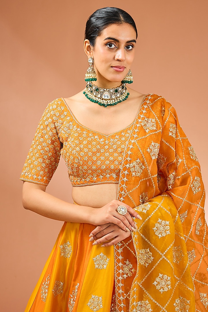 Mango Yellow Dupion Silk Danka Marori Work Lehenga Set by SURBHI SHAH at Pernia's Pop Up Shop
